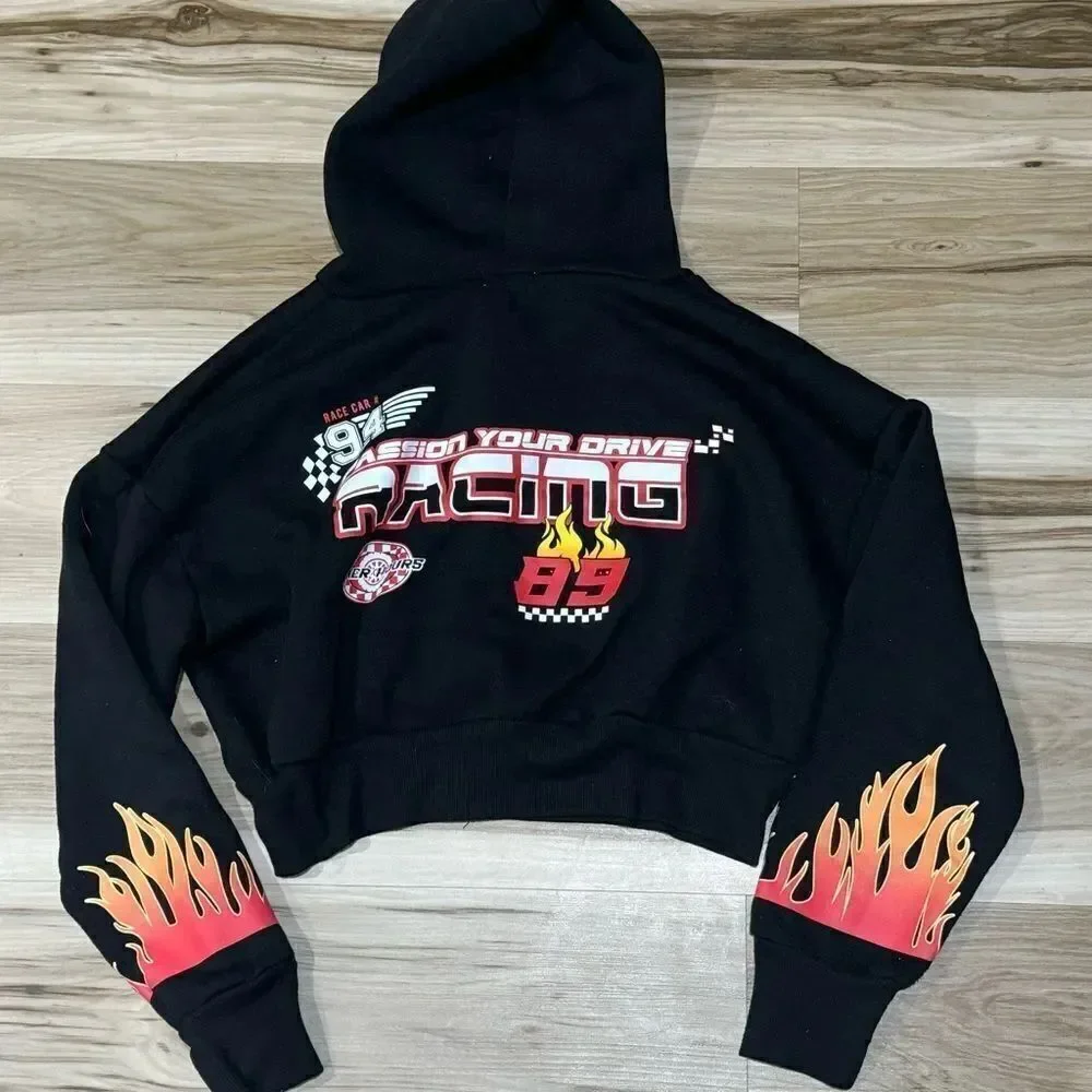 Racecar Black Cropped Zip Up Hoodie Sweatshirt Women’s Small